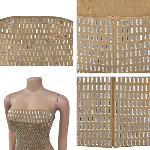 Image of Jigfar Women's Sexy Elegant Rhinestone Off Shoulder Split Bodycon Formal Maxi Dress(F6962,Beige,3XL)