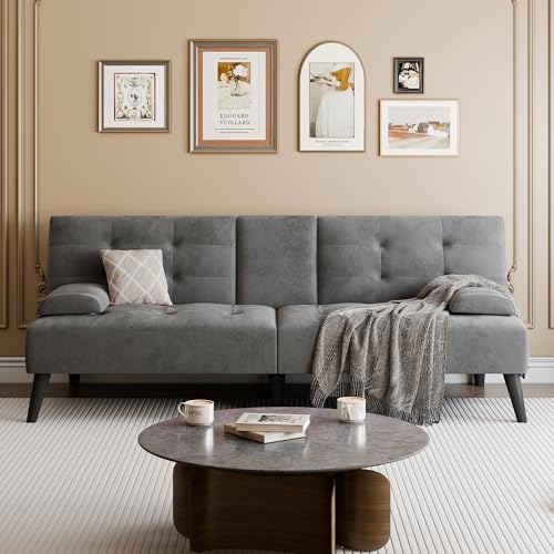 Meilocar 64' Futon Sofa Bed, Convertible Loveseat with 2 Cup Holders, Small Couch with 3 Adjustable Angles & Armrests, Sleeper Sofa for Small Apartment, Office, Dark Grey
