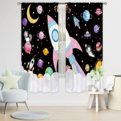 Cinbloo Kids Outer Space Curtain 42Wx63H Inch Rod Pocket Girl Cartoon Candy Planet Galaxy Nursery Colorful Rocket Moon Dessert Bedroom Decor Child Starry Sky Playroom Window Drapes Fabric 2 Panel #TOP1