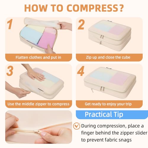 BAGAIL 4 Set/6 Set/8 Set Compression Packing Cubes Travel Accessories Expandable Packing Organizers (Square Mesh, 06-Beige) - Image 5