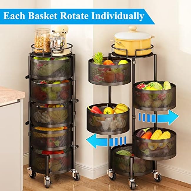 SAYZH Fruit Vegetable Basket for Kitchen, Rotating Storage Rack, 5 Tier Rolling Cart with top lid, Large Metal Wire Wheels, Black-aaREJMFQ
