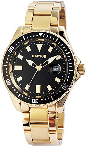 Raptor Herren-Uhr mit Edelstahl Gliederband Datumsanzeige Leuchtzeiger Durchmesser 43mm Analog Uhr goldfarbig schwarz