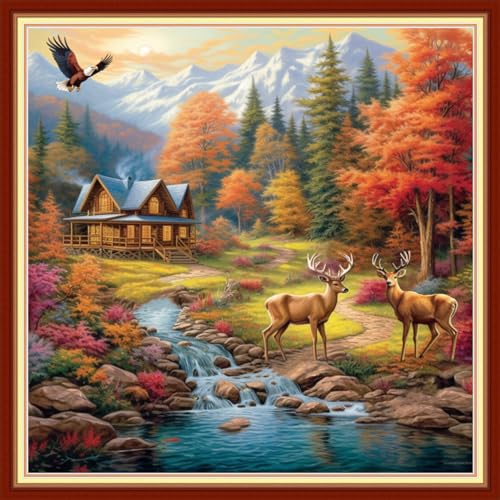 Image of Redxing Stamped Cross Stitch Kits Embroidery kit for Beginners Adults Full Range of Embroidery Patterns Starter Kits DIY Printed Cross Stitch Kits Needlepoint Kits 11CT-Autumn Cabin elk 18x18 inch