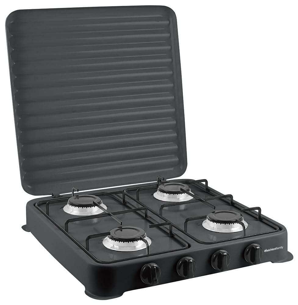 Melchioni Family Gaskocher Modell Minerva New mit vier Brennern, schwarz, für den Außenbereich, mit abnehmbarem Grill und Brenner und Deckel