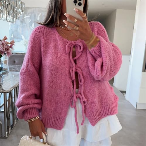 Image of Women Knitted Tie Front Cardigan Tops Casual Knitwear Top Long Sleeve Open Front Baggy Sweater Y2k Girls Outwear