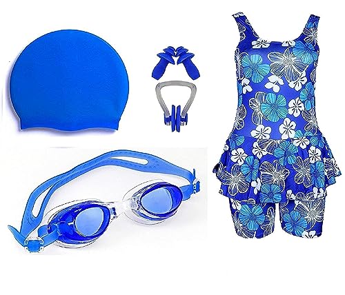 Image of Swimming Costume for Girls with Cap Goggles Ear Plug Nose Clip Swimming Kit