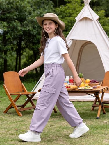 Image of Rolanko Girls Cargo Pants Wide Leg Streetwear Kids Pants with Pockets Trendy Jogger Trousers 4-14 Years
