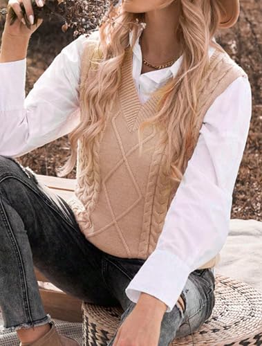 Image of Women's Sweater Vest,Long Cable Loose Knitted Sleeveless V Neck Casual Sweaters Tank Top S~XL