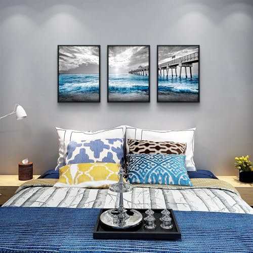 Black Framed Wall Decorations For Living Room 3 Piece Canvas Wall Art For Bedroom Office Wall Decor Black And White Wall Painting Blue Ocean Sea Wave Pictures Artwork For Posters Prints Home Decor