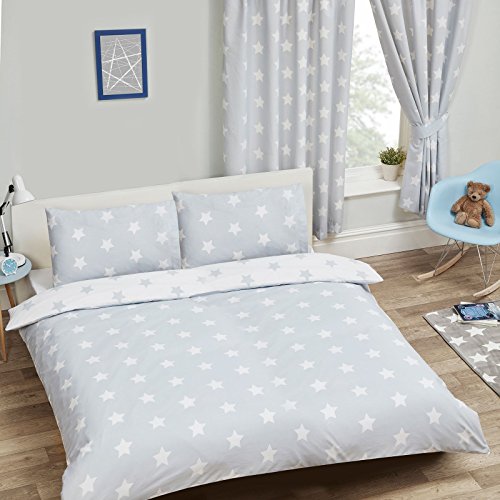 Funda de edredón y almohada con diseño de estrellas gris y blanco para cama doble