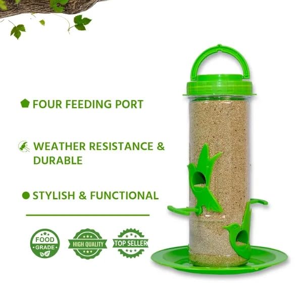 Image of Amijivdaya Medium Hanging Bird Feeder for Garden Balcony | 4 Feeding Ports | 700g Seed Capacity | Food-Grade Plastic | Easy Refill & Weatherproof (Parrot Green, Pack of 2)