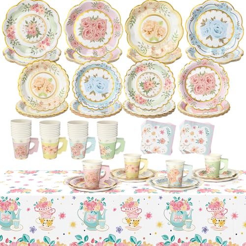 Yungyan 97 Pcs 24 Guests Tea Birthday Party Supplies Disposable Tableware Set 9 oz Paper Tea Cups with Handle 7 9 Paper Plates Napkin Tablecloth for Floral Party Wedding Baby Shower (Sweet Style)