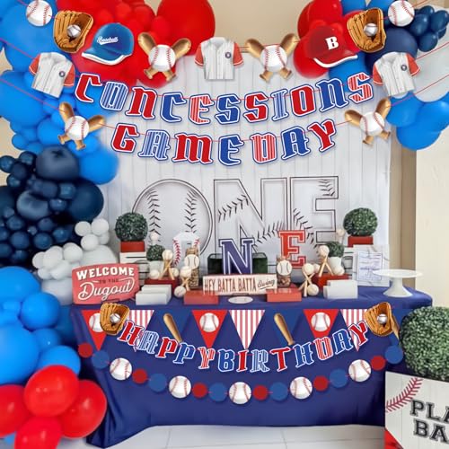 Image of Pre-Strung Baseball Party Decorations with Concessions and Game Day Banners, Happy Birthday Baseball Party Supplies
