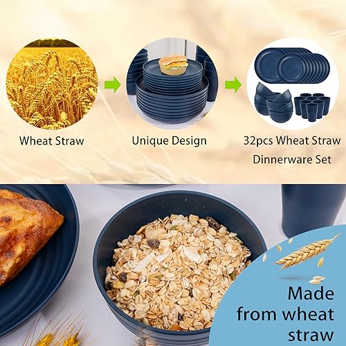 Supernal-Wheat-Straw-Dinnerware-Sets-Dinnerware-Sets-for-8-Plates-and-Bowls-Sets-Reusable-Dinnerware-Set-Microwave-Dishwasher-Safe-Blue-Plastic-Dinnerware-Sets-16pcs-Plates-8pcs-Bowls-8pcs-Cups