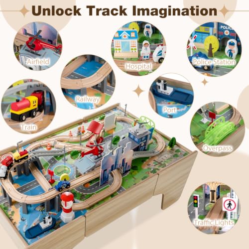 Image of Costzon 110-Piece Wooden Train Table with Drawer for 3+ Years Old Toddlers | 3-in-1 Kids Activity Play Set w / Reversible Tabletop, Storage Space, Train Tracks, Figures, Vehicles, and Buildings