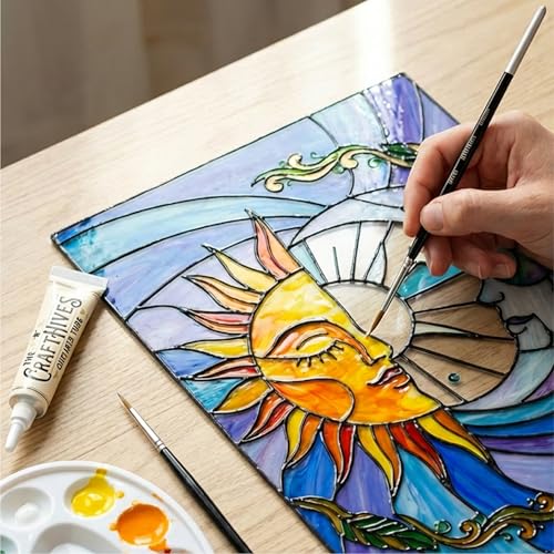 Image of The Crafthives Sun & Moon Glass Painting Kit | Boho Suncatcher DIY Stained Glass Art Set with Acrylic Frames, Colours, Brushes & Outliner | Creative Glass Painting Craft Kit for Kids Beginners Adults