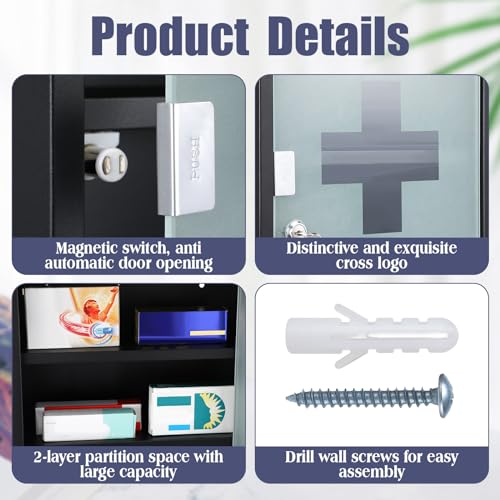 Botiquín de pared con cerradura Huwena, 2 unidades, para medicamentos y primeros auxilios, con 2 estantes, puerta de vidrio de seguridad, para baño (negro) miniatura 4