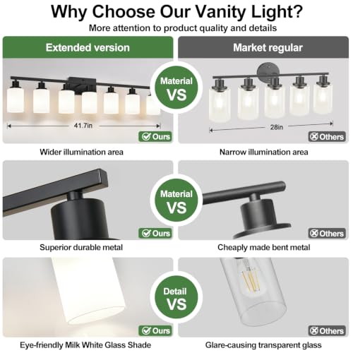 Image of MOKATNG 7-Light Bathroom Light Fixtures, Vanity Light with Milky White Shades, Matte Black Bathroom Light Fixtures Over Mirror, Modern Bathroom Wall Lamp for Mirror Living Room Cabinet Bedroom