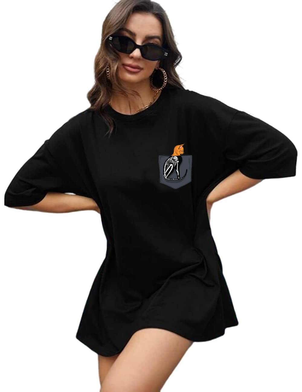 MyTees Oversized T Shirts for Women, Pure Cotton Printed Round Neck Half Sleeves Casual Loose Baggy Tees Drop Shoulder Boyfriend Black Tshirt for Girl - Size S to XL