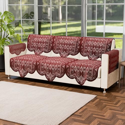Image of Kuber Industries (Set of 16) Stylish & Durable Cotton Sofa Covers 5 Seater with Arms | Washable Sofa Protector & Slipcover for Living Room & Office | Plain Circle - Maroon