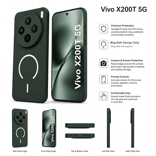 Image of SBMS Silicone Back Cover Case for Vivo X200T 5G | Soft Micro-Fibre Lining Inside | Magsafe Print On Back Side Camera Protection Bump | Shockproof Case for Vivo X200T 5G (Green)