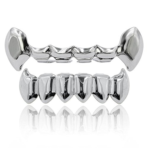 JINAO 18K Gold Plated Hip Hop Half Vampire Fangs Top & Solid Fangs Bottom Teeth Grillz Set(Silver Set)