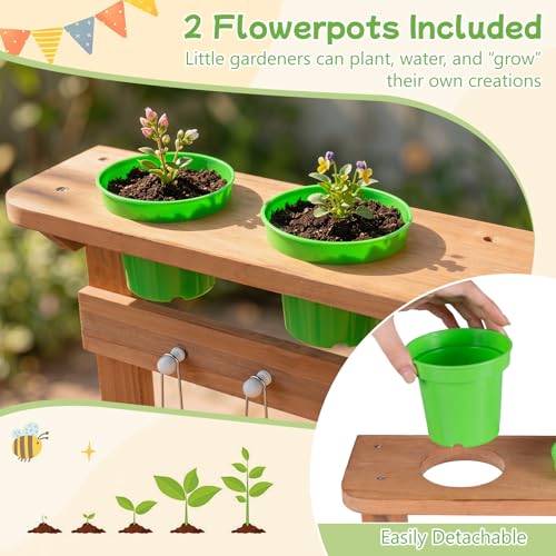 Image of HONEY JOY Mud Kitchen with Wheels, Fir Wood Outside Play Kitchen for Toddlers, Realistic Faucet & Water Tank, 15 Garden Tools, Storage Shelf, Planter Cups, Mud Table for Kids Outdoor Backyard,Natural