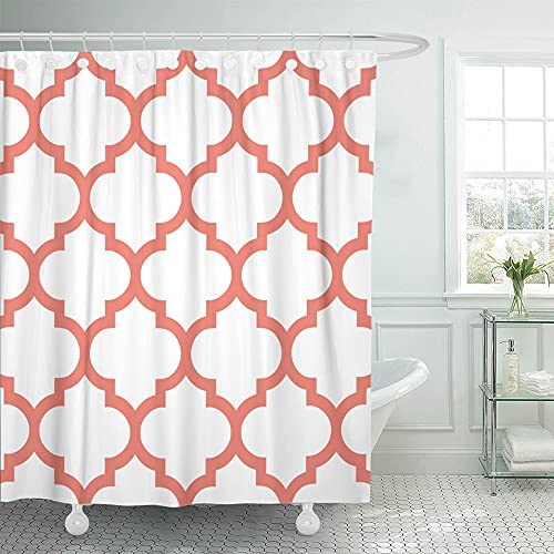 Accrocn Classic Modern Vintage Chic Moroccan Quatrefoil Coral And White Extra Long 72X96 Inches Waterproof Shower Curtain Curtains Fabric Decorative Bathroom Odorless Eco Friendly #TOP1