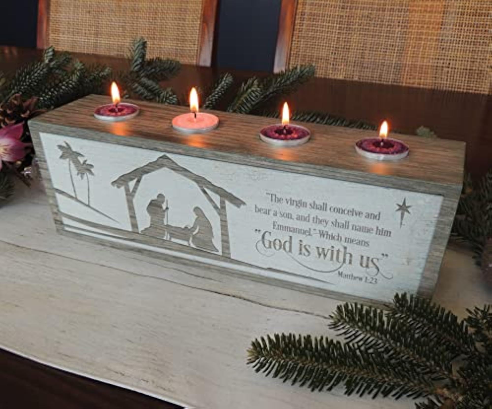 God is with Us Advent Block with Tea Lights, 13"