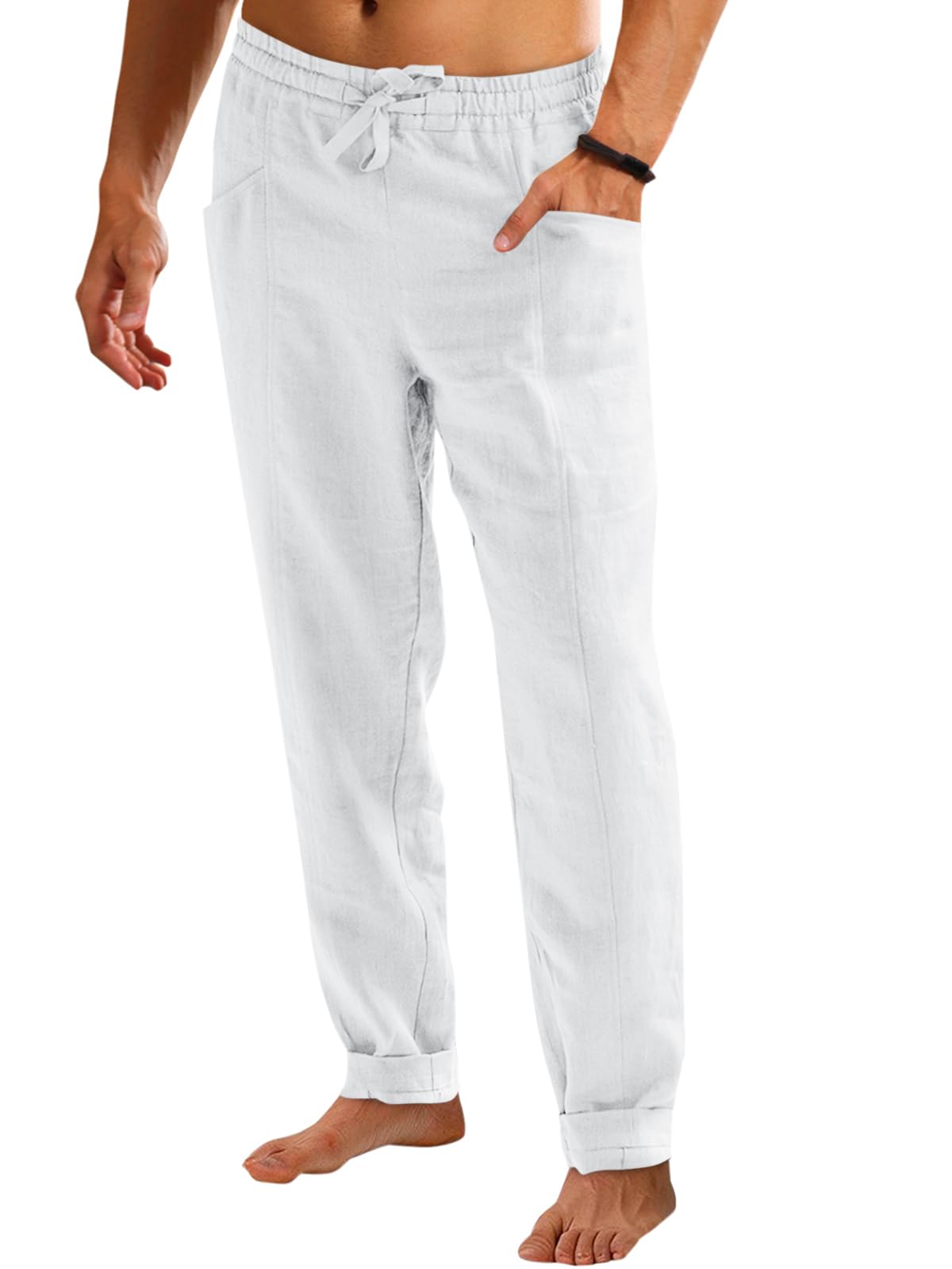Runcati Mens Casual Pants Elastic Waist Drawstring Cotton Linen Pants Yoga Beach Summer Lightweight Trousers