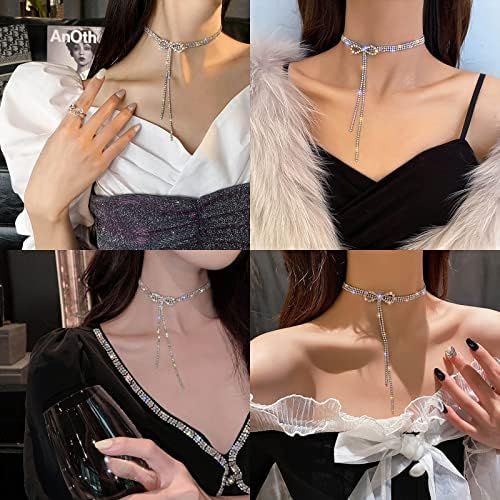 Butterfly Knot Rhinestone Choker Necklace Bow Crystal Tassels Pendant Necklace Chain Costume Jewelry for Women Girls