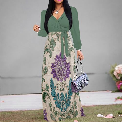 Image of Women's Plus Size Maxi Dresses Long Sleeves V Neck Floral Print Bohemian Swing Long Dress with Belt