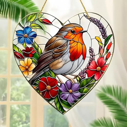 Large Robin Bird Pendant,Acrylic Hanging Garden Suncatcher Robin On Branch,Acrylic Birds Handmade Stained Glass Sun Catchers,hanging garden ornaments,Hanging Decoration for Windows, Garden(20cm)