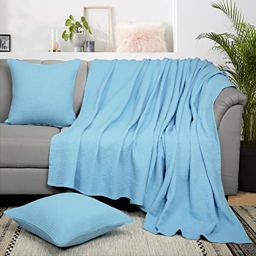 Tex Trend 100% Cotton Thermal Blanket, Breathable Bed Blanket Queen Size, Soft Waffle Blanket, Queen Size Blanket, All Season Blanket, Cozy Blanket For Bed Sofa Couch, Light Blue - 90 X 90 Inches #TOP3