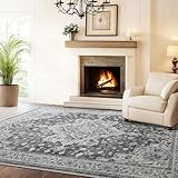 Marsail 5x7 Machine Washable Area Rug, Soft & Slip-Resistant Large Area Rug with Reinforced Bound Edges, Vintage Short-Pile Washable Rug with Floral Pattern for Living Room, Dinning Room and Bedroom