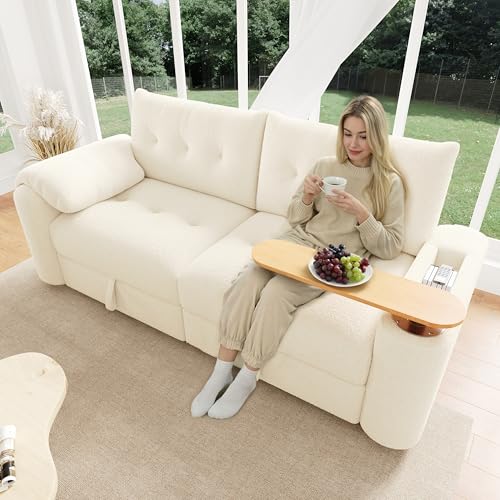 BTM Teddy 3-Sitzer Sofa Klein Chaiselongu mit Stauraum, Kopfstütze, Beistelltisch Schlafcouch für Wohnzimmer Beige
