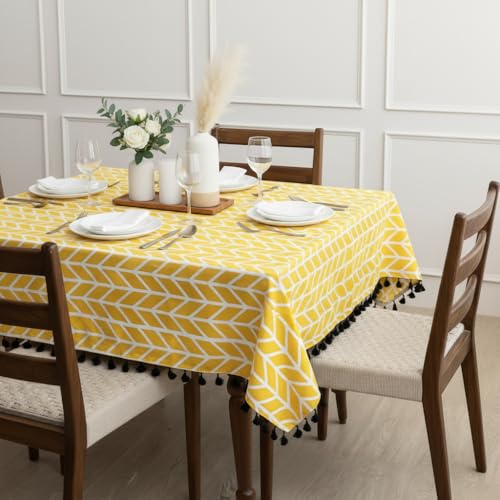 Image of HOMEMONDE Cotton Dining Table Cover 6 Seater Chevron Arrow Printed Table Cloth For Center Table, Rectangular 114 X 233 CM - Yellow