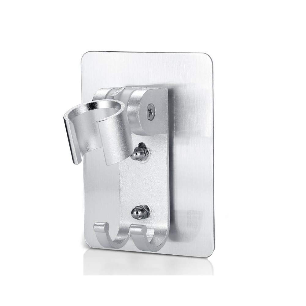 Wall Mounted Free Punching Shower Head Bracket Strong Adhesive Shower Head Holder with 2 Hanger Hooks Adjustable Handheld Shower Head Hanger