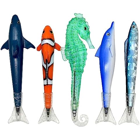 Lopenle 5PCS Novelty Fish Pens Clownfish Shark Pens Sea Horse Pens Dolphin Pens Sea Animal Ballpoint Pens With Fin Tail Black Ink Pen For School Supplies Birthday Party Cover