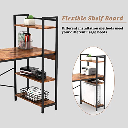 Engriy Computer Desk With 4 Tier Shelves For Home Office, 47" Writing Study Table With Bookshelf And 2 Hooks, Multipurpose Industrial Wood Desk Workstation With Metal Frame For Pc Laptop, Rustic Brown #TOP3