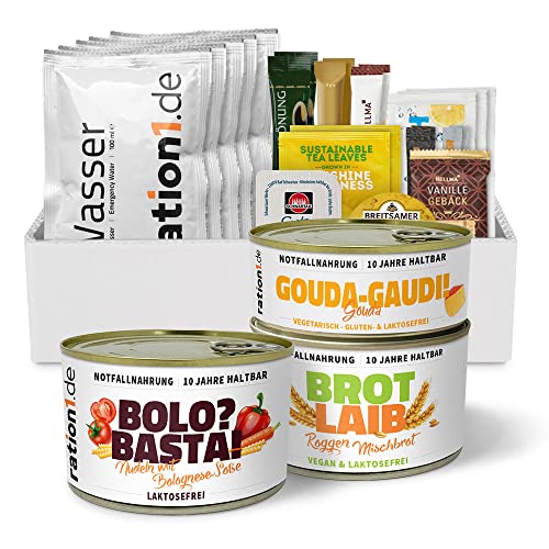 ration1 EPa Nudeln mit Bolognese Soße, laktosefrei, Premium Tagesration, Einmannpackung wie EPA Bundeswehr, Konserven (Fertiggericht, Gouda, Dosenbrot) & Wasser 10 Jahre haltbar, Notfallnahrung