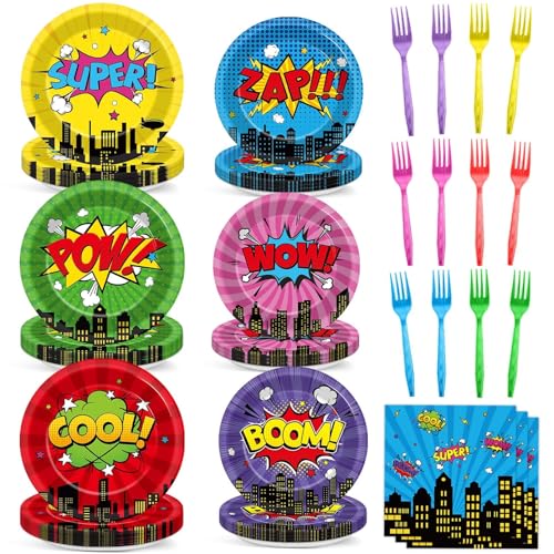 96Pcs Super Theme Hero Party Plates and Napkins Forks for Comic Heroes Birthday Decorations Hero's Action Sign Cityscape Buildings Tableware Set for 24 Guests Birthday Party Supplies Favors