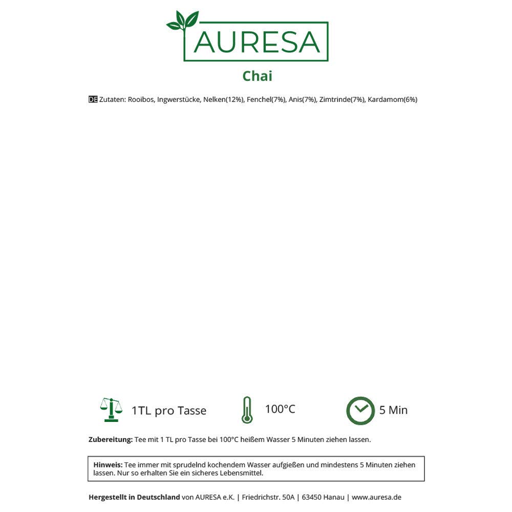 AURESA Ayurveda Tee Chai | Rooibos mit aromatischen Gewürzen wie Fenchel, Anis, Zimt und Ingwer | Dosha Vata Gewürztee