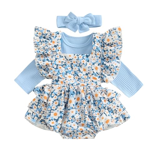 Image of Rtnnsbbfcm Newborn Baby Girl Fall Outfit Long Sleeve Ribbed Romper Floral Suspender Shorts Headband 3Pcs Clothes Set