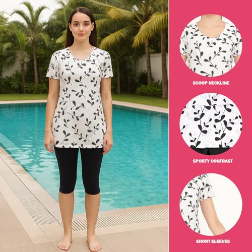 Image of Hacer Frock Style Swimwear with Ethnic Printed Padde Half Sleeve Bodysuit Swimming Costume Knee Length Two Piece Swimsuit for Pool Beach Women (M, 34, Off-White-Black)