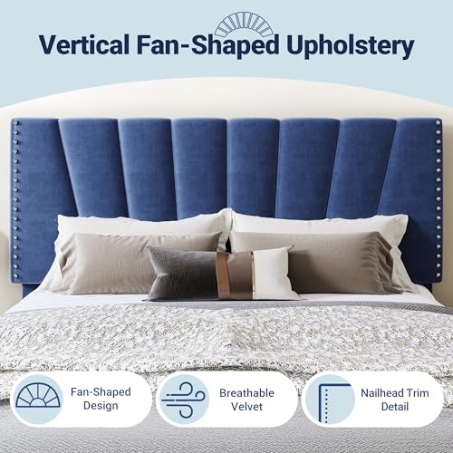 Image of Allewie King Size Velvet Platform Bed Frame with Adjustable Headboard, Blue | Height-Adjustable Velvet Headboard, Rivet-Style Nailhead Trim, Wooden Slat Support, No Box Spring Needed, Easy Assembly
