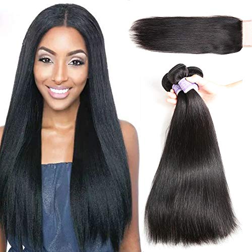 8A Brazilian Straight Hair Lace Closure with Bundles Straight Human Virgin Hair 3 Bundles Straight Hair Bundles 100g/bundle with Free Part Lace Closure (16 18 20+16Inch Closure, Natural Color)