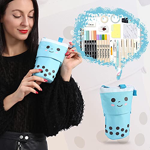 Image of FINEMOE Polyester Standing Case Cute Pencil Pouch For Girls&Boys-Korean Boba Pop Up Stationery Makeup Cosmetic Organizer Box,Pen Pencil Pouches For Stationary Boys Kids Women School Students(Blue)
