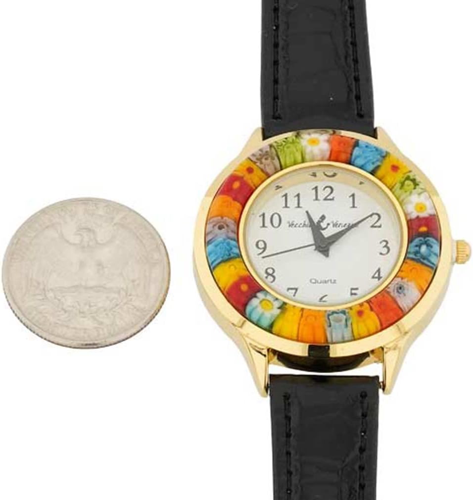 Glass Of Venice Serena Murano Millefiori Watch with Leather Band - Gold Black