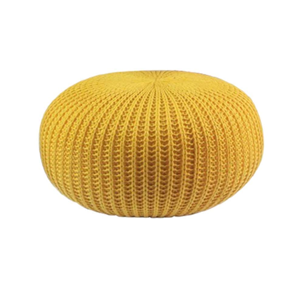 Pouf rond en coton tricoté jaune 50x50x30 cm pour deco salon et chambre